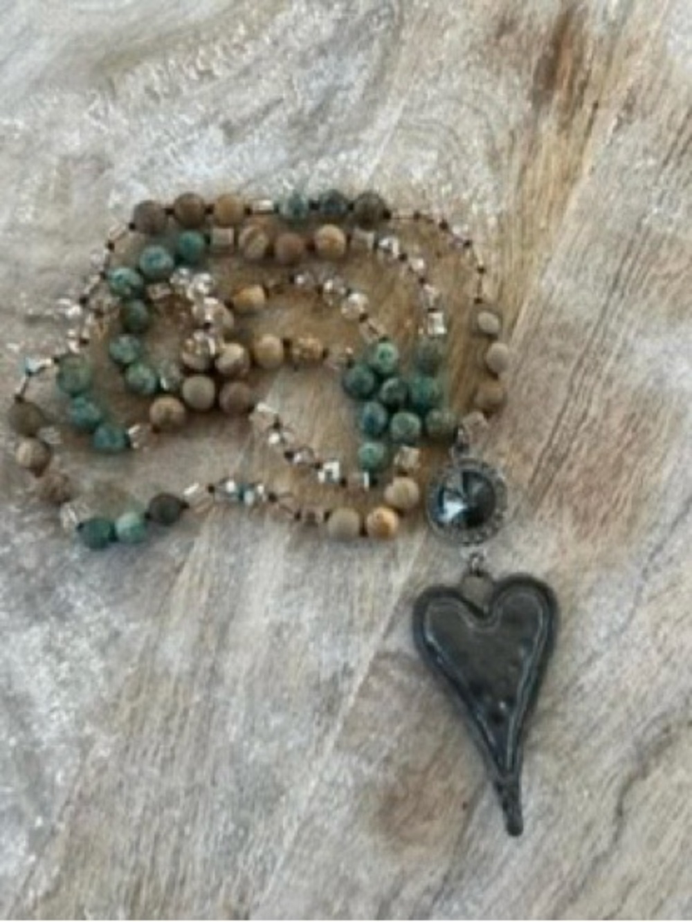 Beaded Jasper & Glass Strand with Heart Pendant Necklace